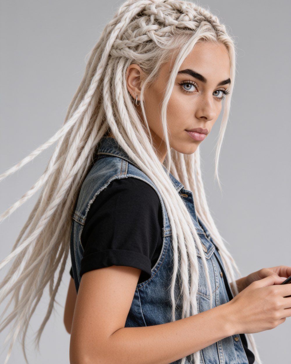 Bunny — platinum-blonde locs, denim vest, visitor badge on a black lanyard